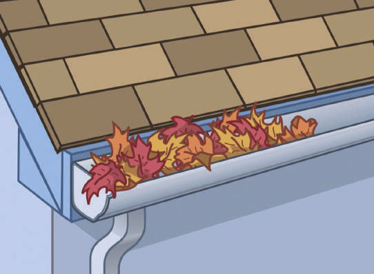 illustration of leaves in gutter.